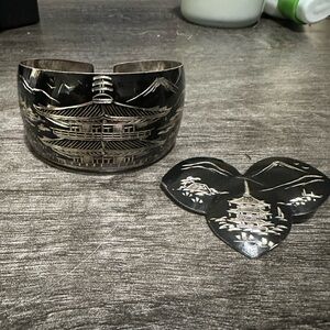 40s Silver Niello Pagoda Wide Cuff Vintage and Brooch